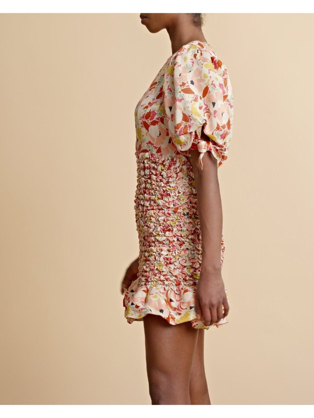 🆕 By TiMo Shirred Smocked Ruffle Crepe Satin Mini Dress Floral Medium - Picture 8 of 16